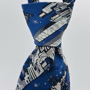 Nicole Miller 2001 New York City Skyline Tie Blue Silk Made in Korea
